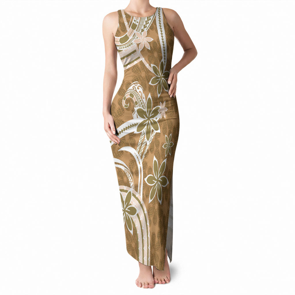 Hawaii Pupuala Plumeria Light Brown Tank Maxi Dress Polynesian Pattern LT01 Women Light Brown - Polynesian Pride
