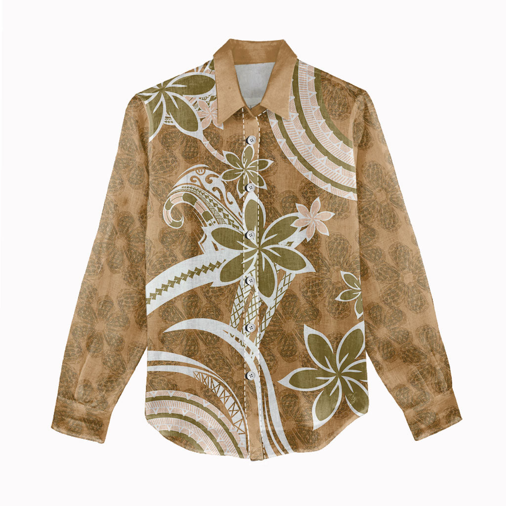 Hawaii Pupuala Plumeria Light Brown Women Casual Shirt Polynesian Pattern LT01 - Polynesian Pride