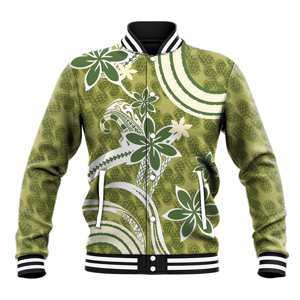 Hawaii Pupuala Plumeria Olive Green Baseball Jacket Polynesian Pattern LT01 Unisex Olive Green - Polynesian Pride