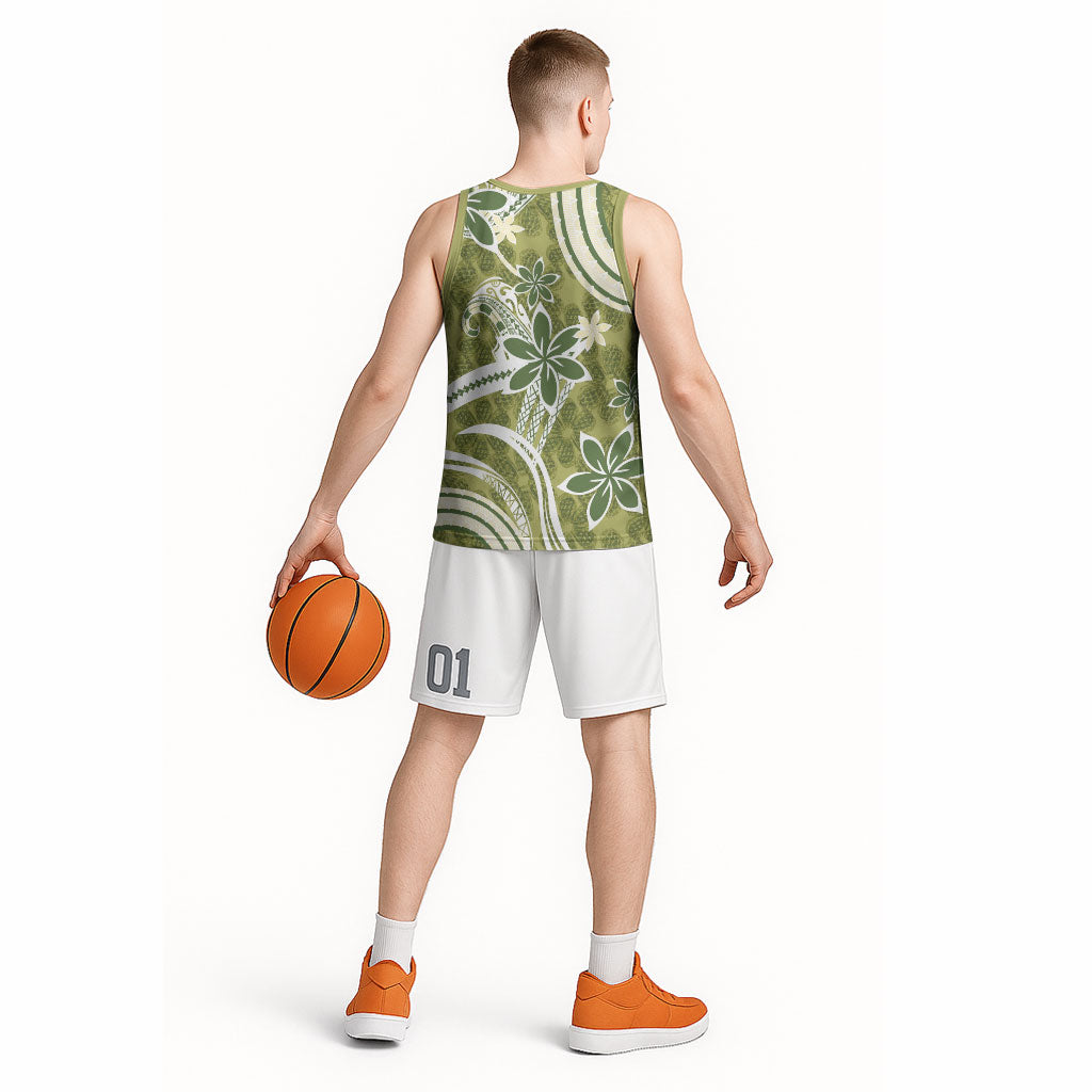 Hawaii Pupuala Plumeria Olive Green Basketball Jersey Polynesian Pattern LT01 - Polynesian Pride