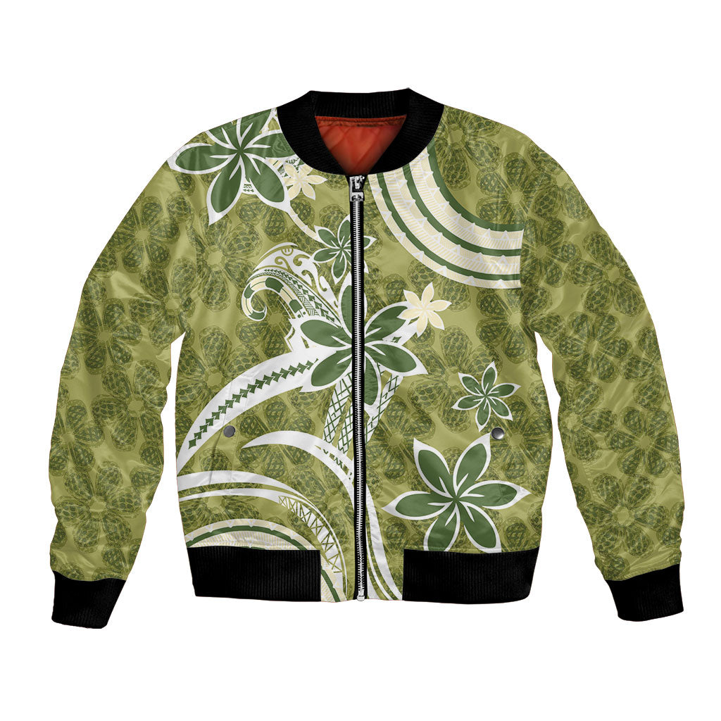Hawaii Pupuala Plumeria Olive Green Bomber Jacket Polynesian Pattern LT01 Unisex Olive Green - Polynesian Pride