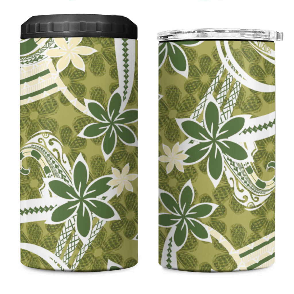 Hawaii Pupuala Plumeria Olive Green 4 in 1 Can Cooler Tumbler Polynesian Pattern