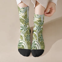 Hawaii Pupuala Plumeria Olive Green Crew Socks Polynesian Pattern LT01 Crew Socks Olive Green - Polynesian Pride