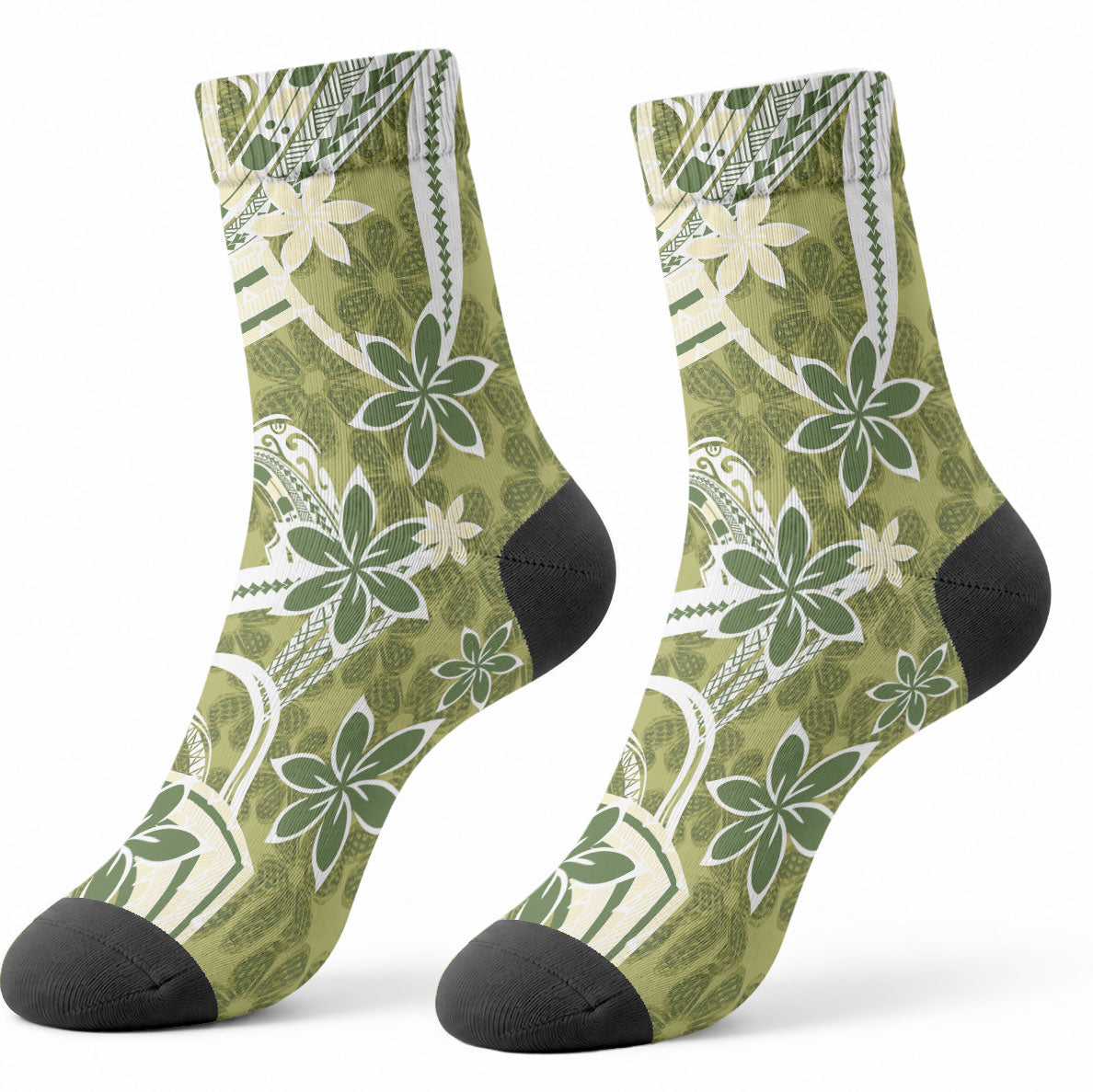 Hawaii Pupuala Plumeria Olive Green Crew Socks Polynesian Pattern LT01 - Polynesian Pride
