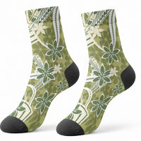 Hawaii Pupuala Plumeria Olive Green Crew Socks Polynesian Pattern LT01 - Polynesian Pride
