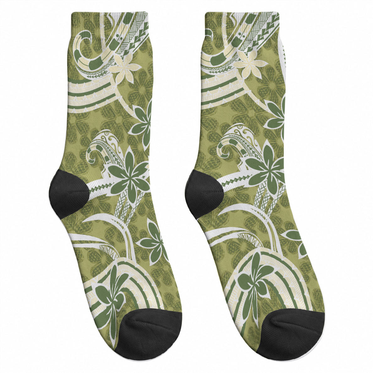 Hawaii Pupuala Plumeria Olive Green Crew Socks Polynesian Pattern LT01 - Polynesian Pride