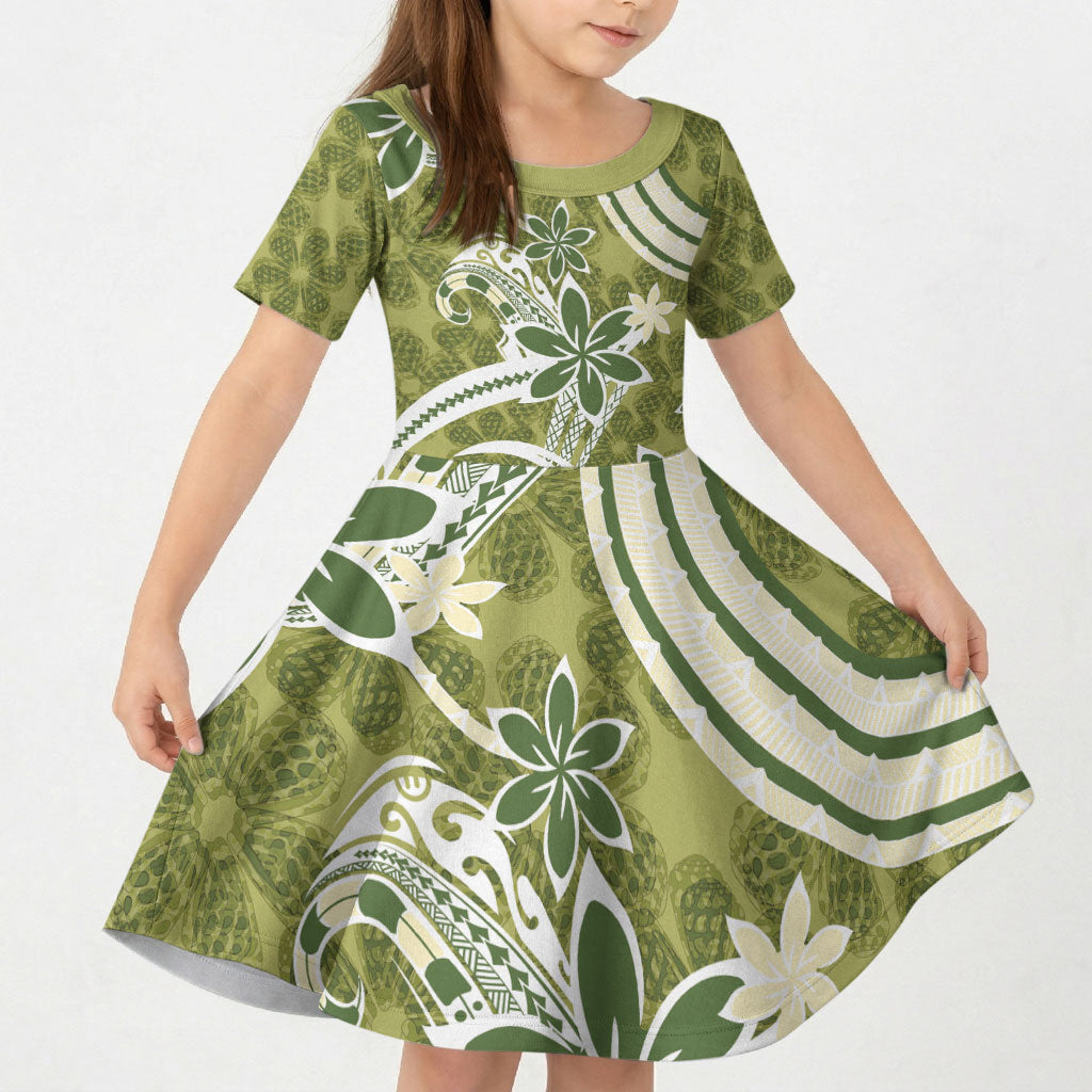 Hawaii Pupuala Plumeria Olive Green Kid Short Sleeve Dress Polynesian Pattern LT01 KID Olive Green - Polynesian Pride
