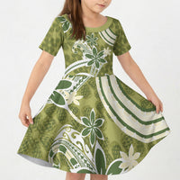 Hawaii Pupuala Plumeria Olive Green Kid Short Sleeve Dress Polynesian Pattern LT01 KID Olive Green - Polynesian Pride