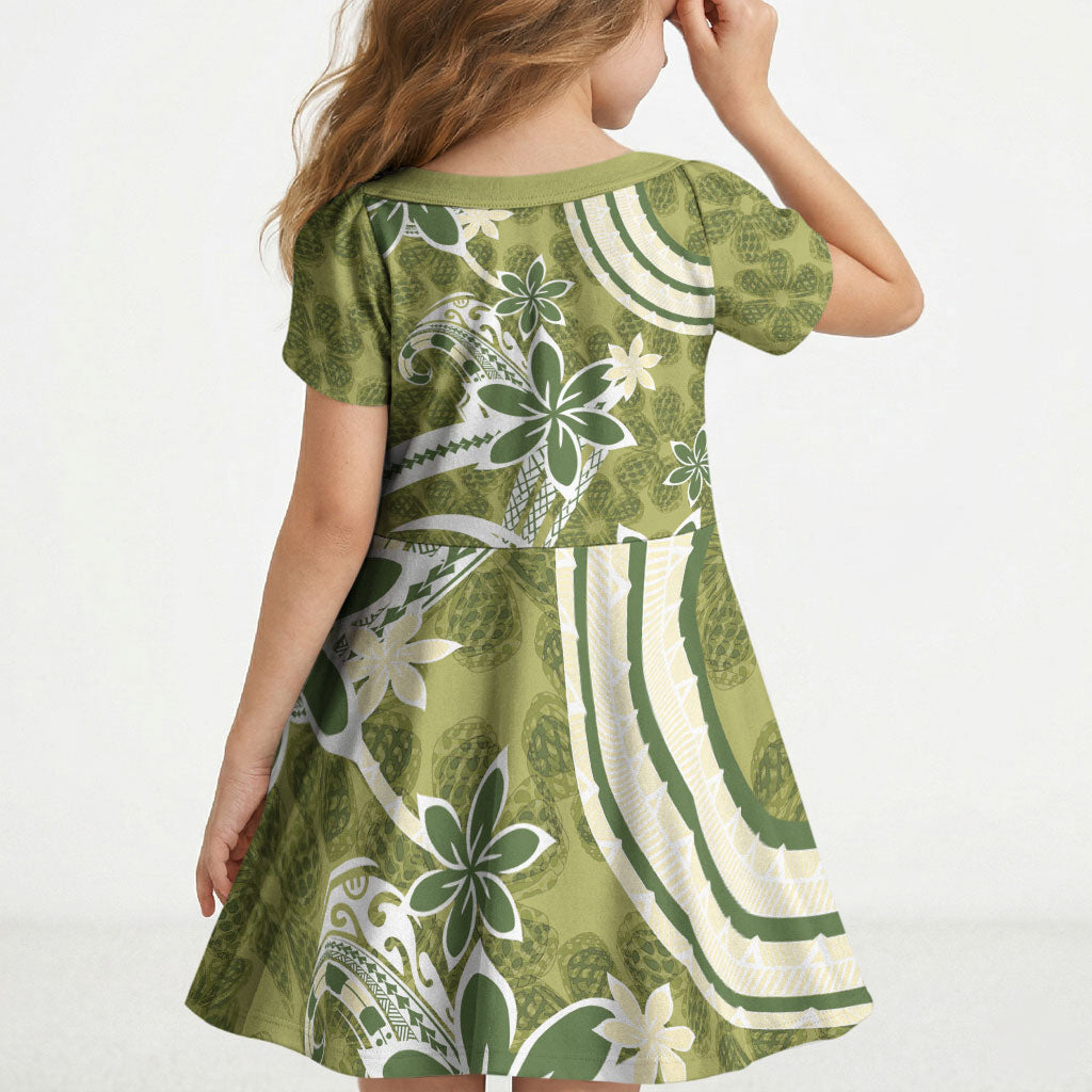 Hawaii Pupuala Plumeria Olive Green Kid Short Sleeve Dress Polynesian Pattern LT01 - Polynesian Pride