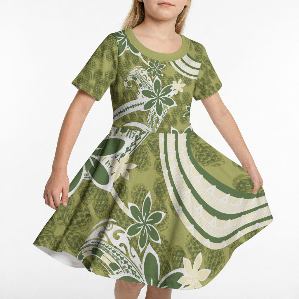 Hawaii Pupuala Plumeria Olive Green Kid Short Sleeve Dress Polynesian Pattern LT01 - Polynesian Pride