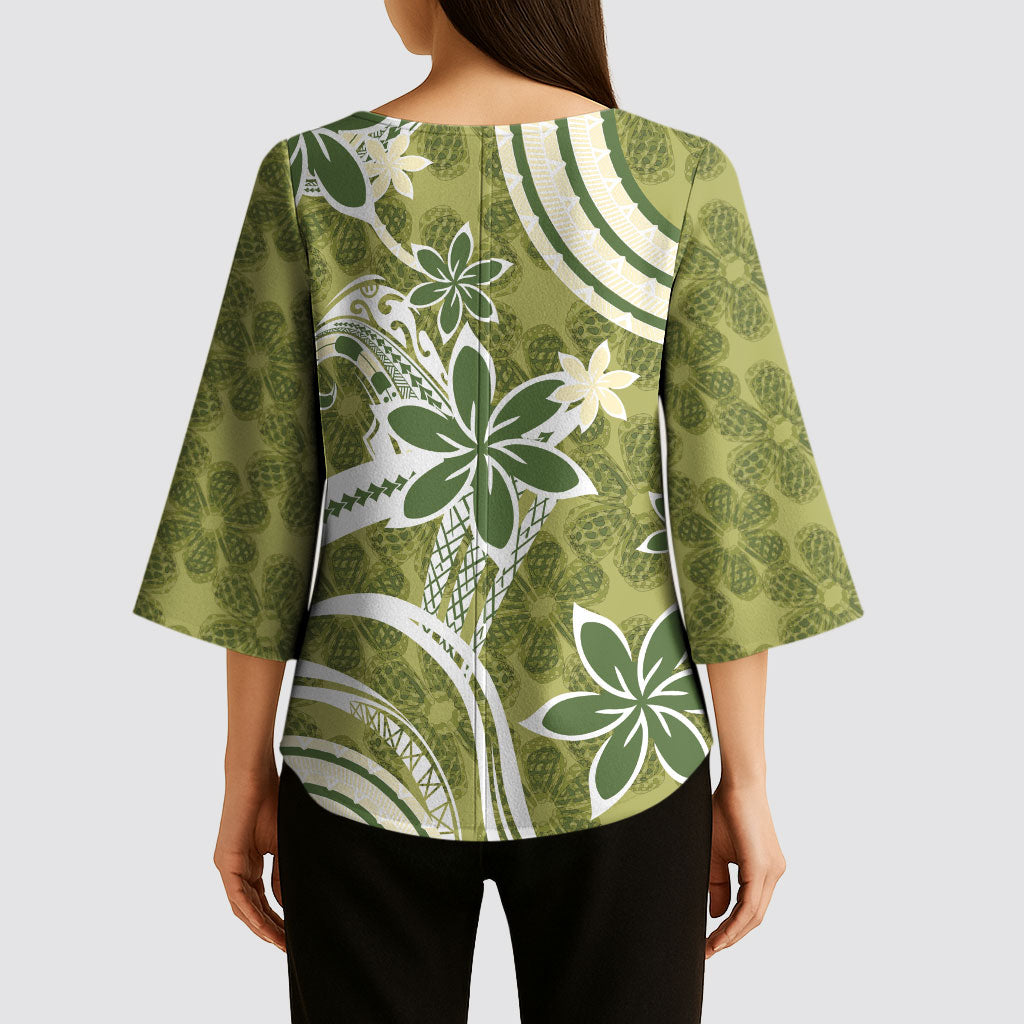 Hawaii Pupuala Plumeria Olive Green Kimono Sleeve Blouse Polynesian Pattern LT01 - Polynesian Pride