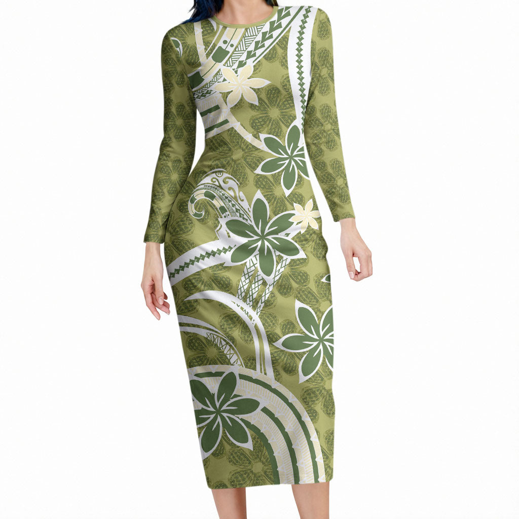 Hawaii Pupuala Plumeria Olive Green Long Sleeve Bodycon Dress Polynesian Pattern LT01 Long Dress Olive Green - Polynesian Pride