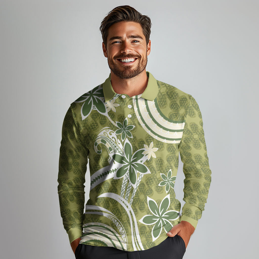 Hawaii Pupuala Plumeria Olive Green Long Sleeve Polo Shirt Polynesian Pattern LT01 - Polynesian Pride