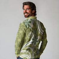 Hawaii Pupuala Plumeria Olive Green Long Sleeve Polo Shirt Polynesian Pattern LT01 - Polynesian Pride