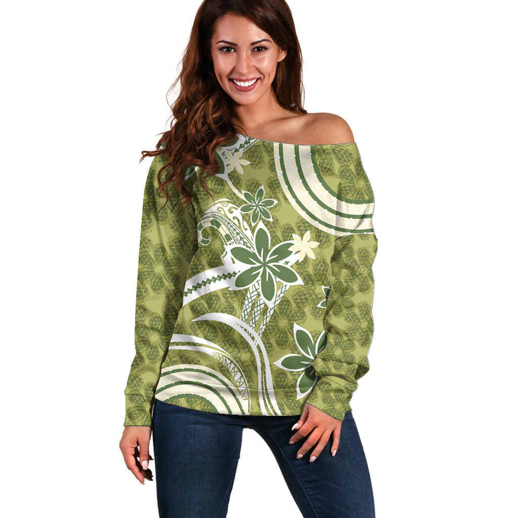 Hawaii Pupuala Plumeria Olive Green Off Shoulder Sweater Polynesian Pattern LT01 Women Olive Green - Polynesian Pride