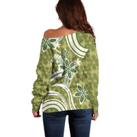 Hawaii Pupuala Plumeria Olive Green Off Shoulder Sweater Polynesian Pattern LT01 - Polynesian Pride