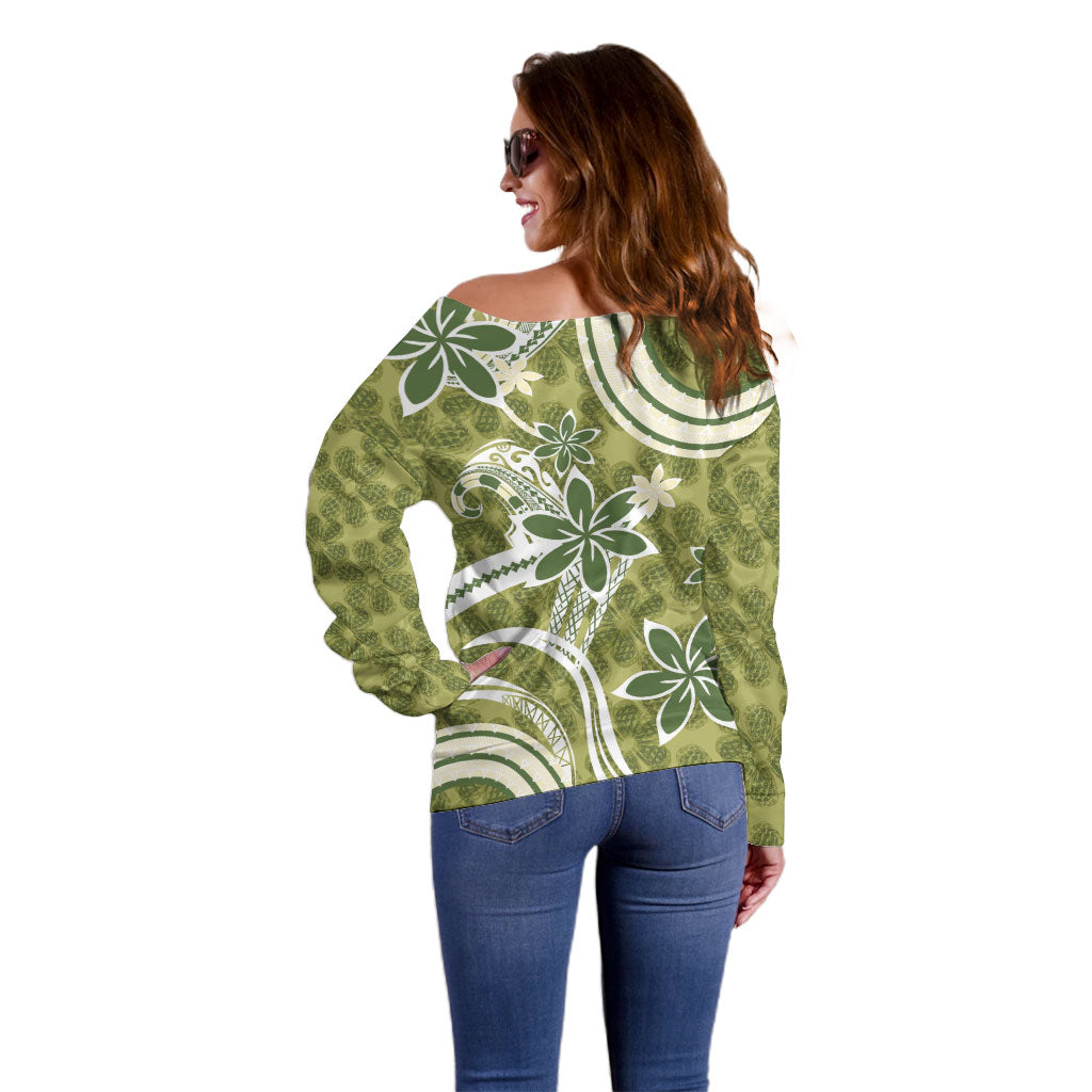 Hawaii Pupuala Plumeria Olive Green Off Shoulder Sweater Polynesian Pattern LT01 - Polynesian Pride