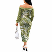 Hawaii Pupuala Plumeria Olive Green Off The Shoulder Long Sleeve Dress Polynesian Pattern LT01 - Polynesian Pride