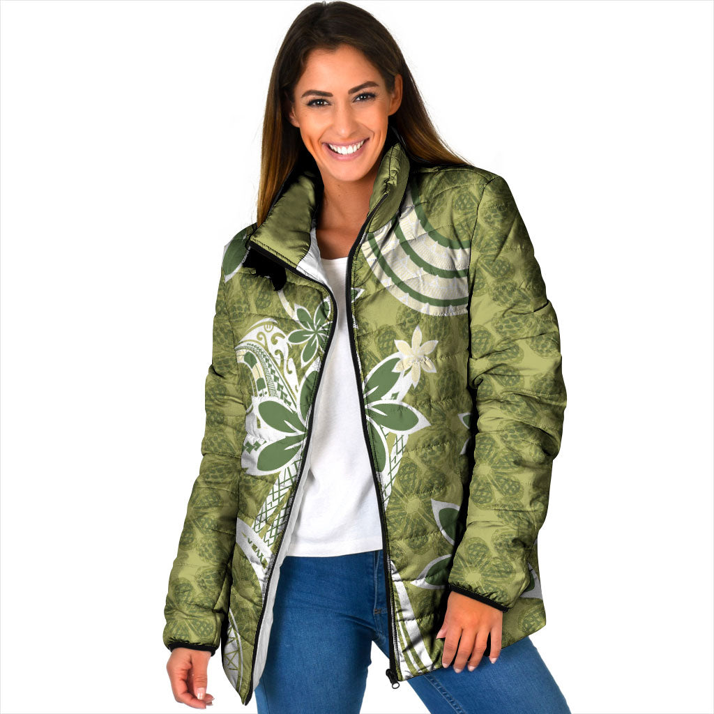 Hawaii Pupuala Plumeria Olive Green Padded Jacket Polynesian Pattern LT01 Women Olive Green - Polynesian Pride