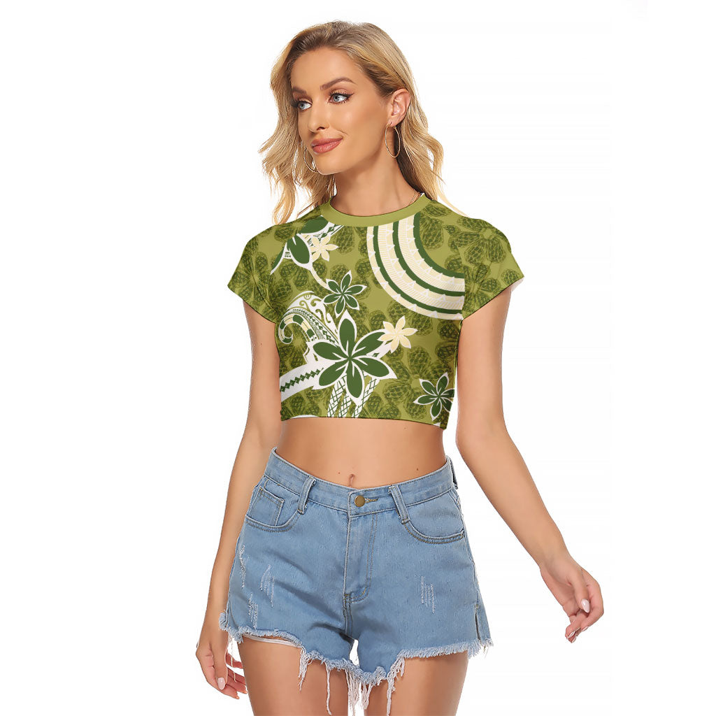 Hawaii Pupuala Plumeria Olive Green Raglan Cropped T Shirt Polynesian Pattern LT01 Female Olive Green - Polynesian Pride
