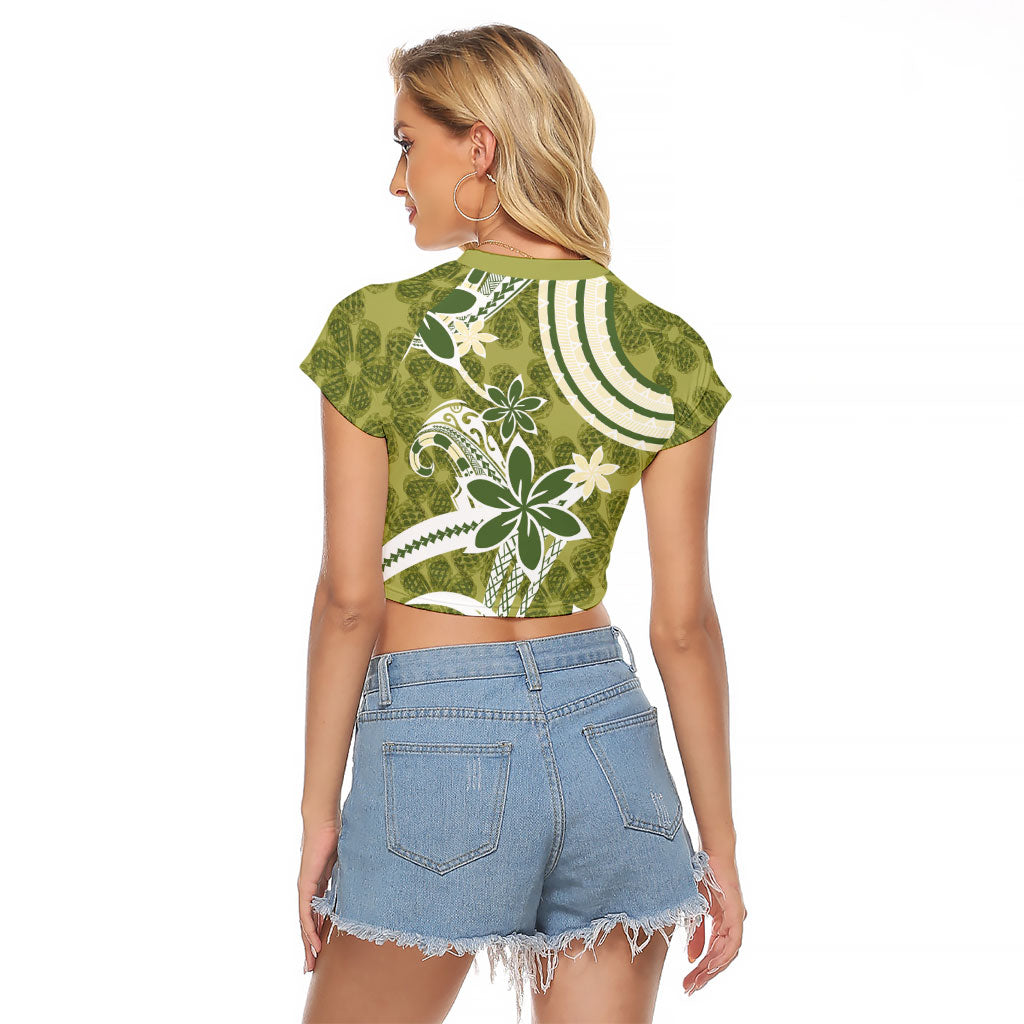 Hawaii Pupuala Plumeria Olive Green Raglan Cropped T Shirt Polynesian Pattern LT01 - Polynesian Pride