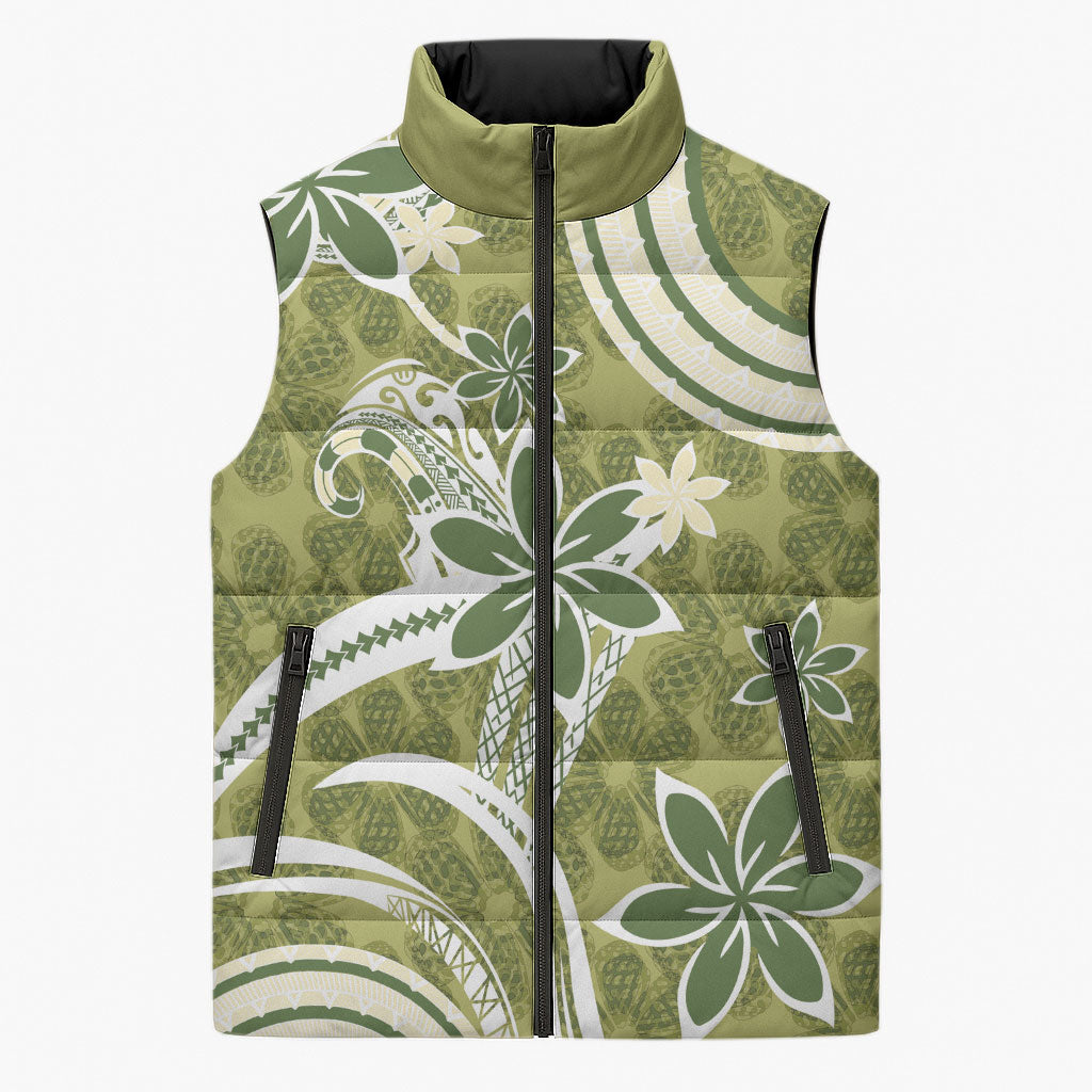 Hawaii Pupuala Plumeria Olive Green Sleeveless Puffer Jacket Polynesian Pattern LT01 Unisex Olive Green - Polynesian Pride
