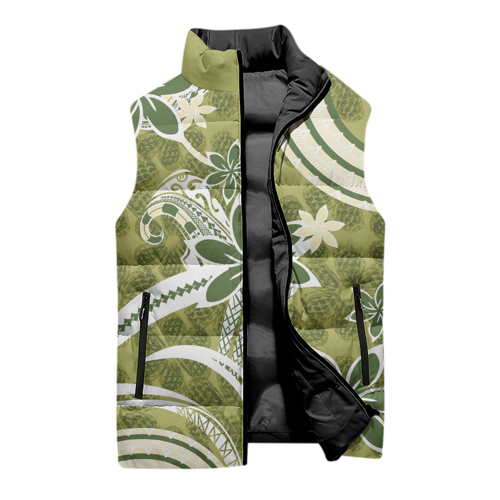 Hawaii Pupuala Plumeria Olive Green Sleeveless Puffer Jacket Polynesian Pattern LT01 - Polynesian Pride