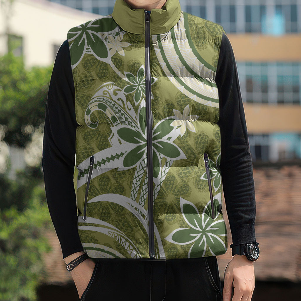 Hawaii Pupuala Plumeria Olive Green Sleeveless Puffer Jacket Polynesian Pattern LT01 - Polynesian Pride