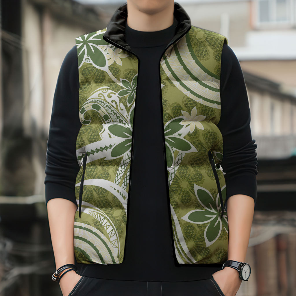 Hawaii Pupuala Plumeria Olive Green Sleeveless Puffer Jacket Polynesian Pattern LT01 - Polynesian Pride