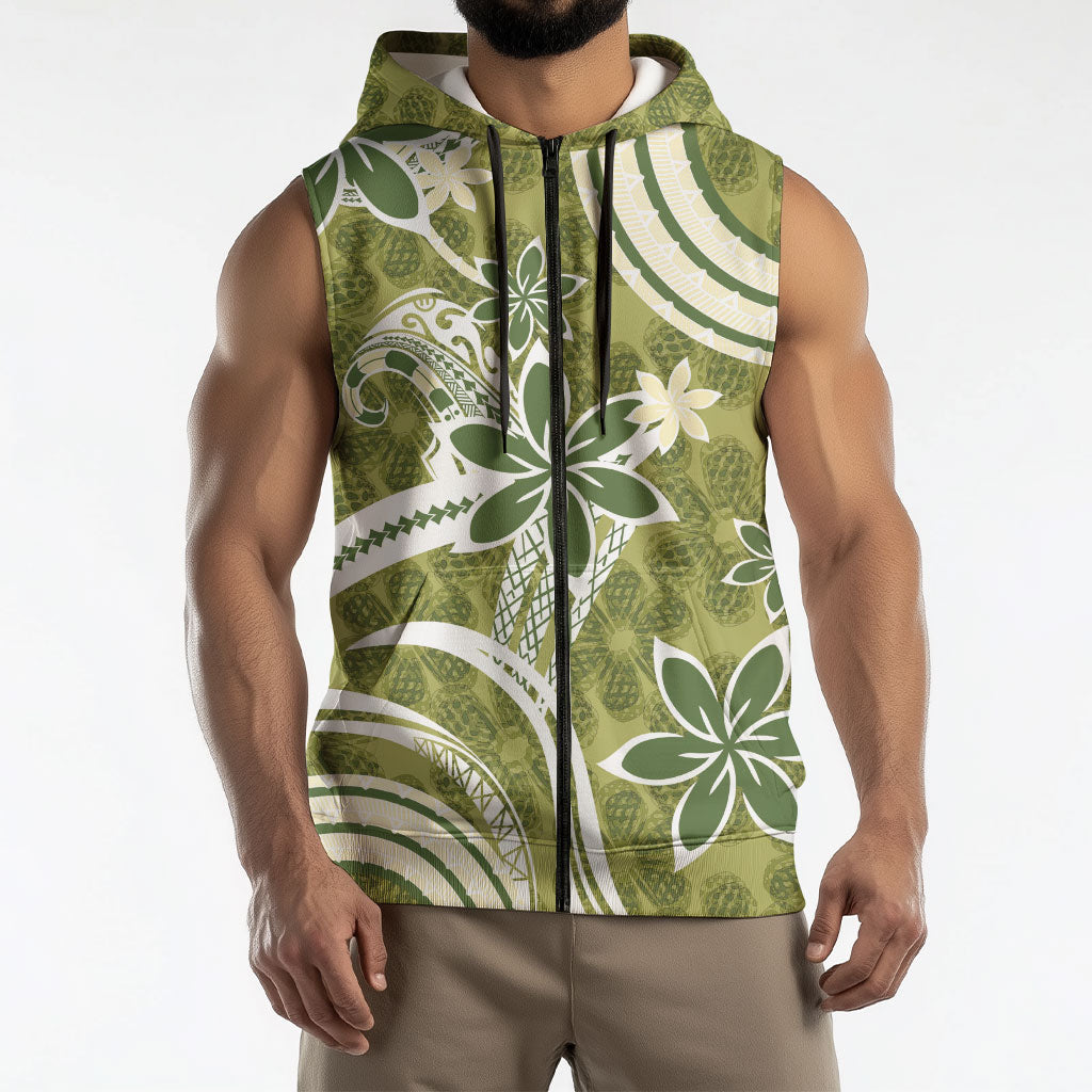 Hawaii Pupuala Plumeria Olive Green Sleeveless Zip Hoodie Polynesian Pattern LT01 - Polynesian Pride