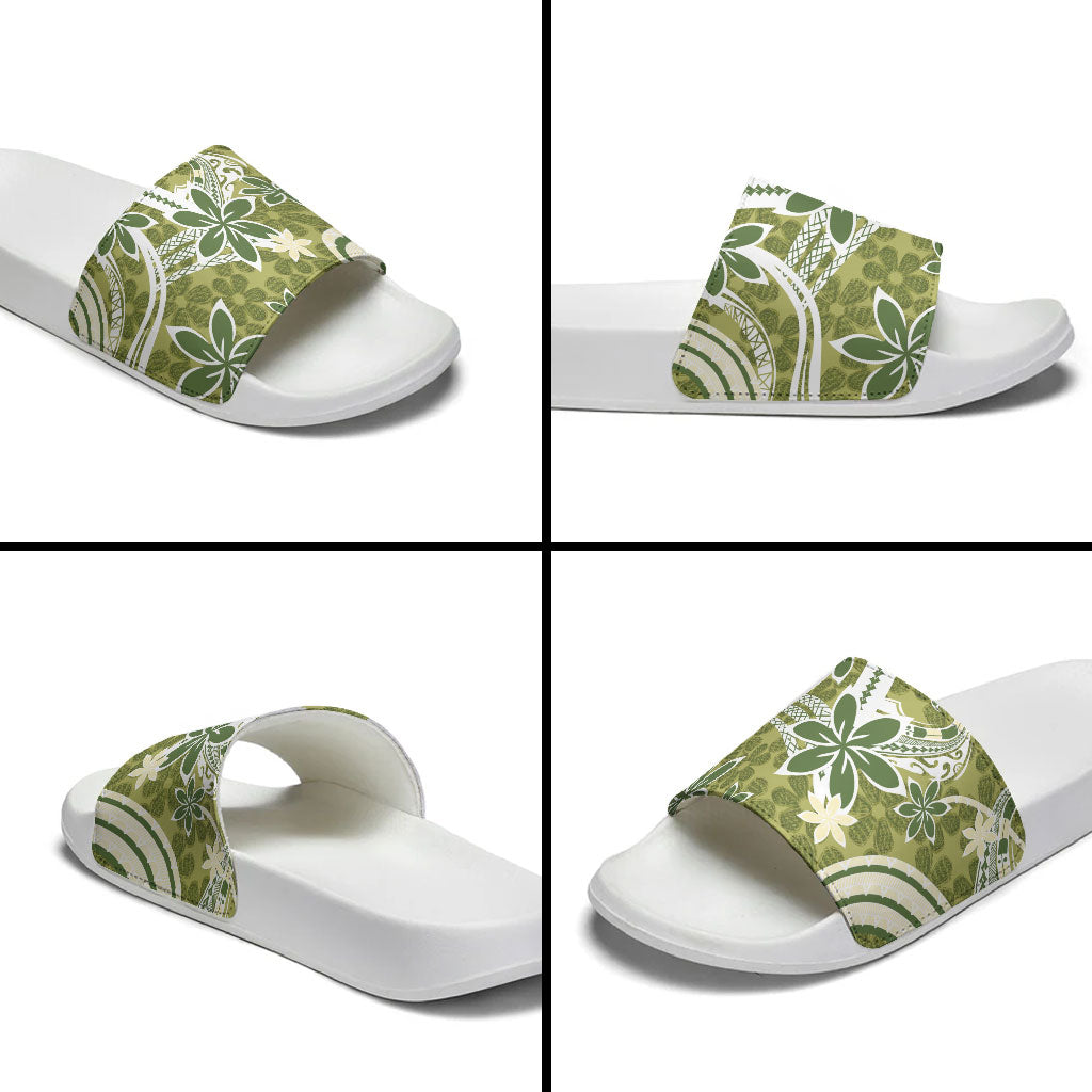 Hawaii Pupuala Plumeria Olive Green Slide Sandals Polynesian Pattern LT01 - Polynesian Pride