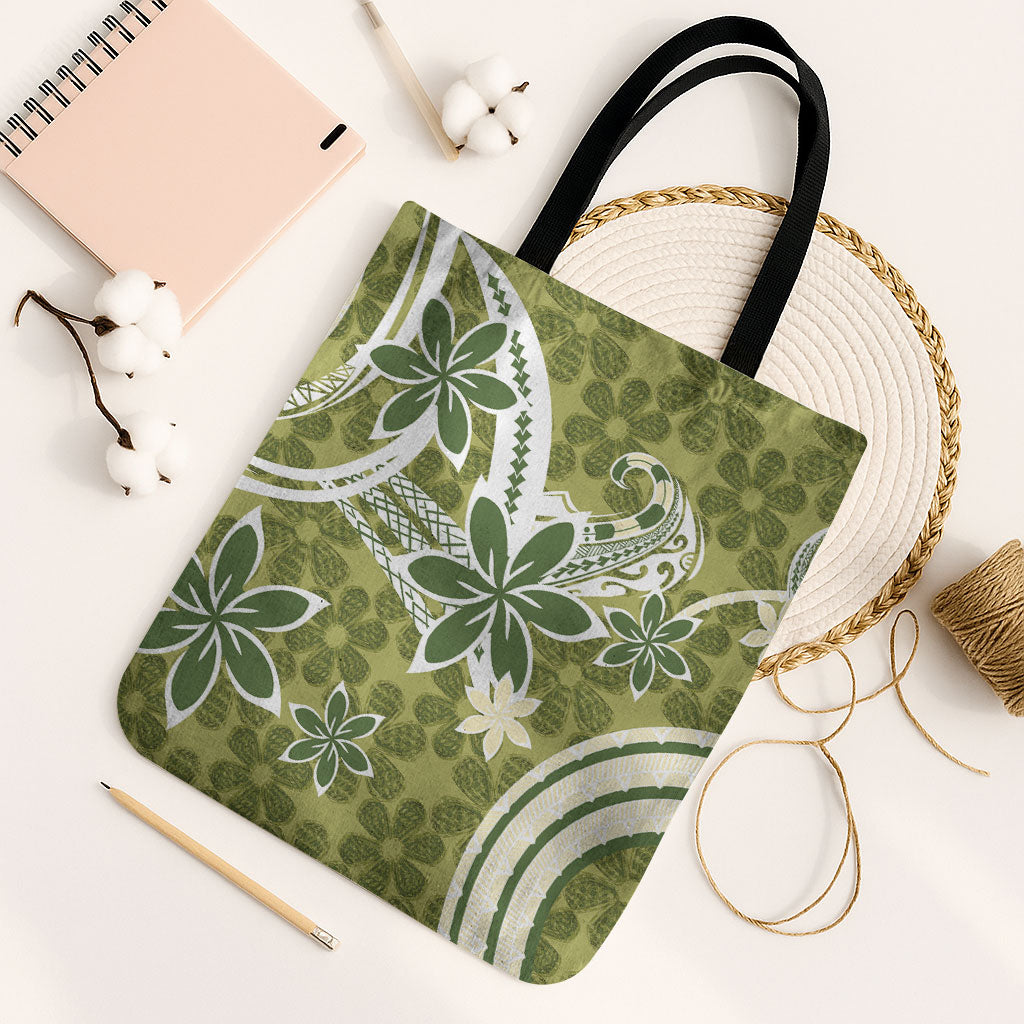 Hawaii Pupuala Plumeria Olive Green Tote Bag Polynesian Pattern LT01 Black Strap One Size Olive Green - Polynesian Pride