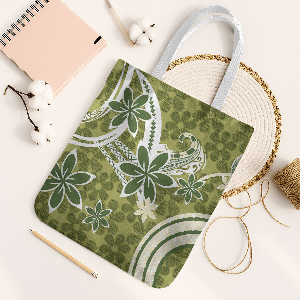 Hawaii Pupuala Plumeria Olive Green Tote Bag Polynesian Pattern LT01 White Strap One Size Olive Green - Polynesian Pride