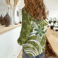 Hawaii Pupuala Plumeria Olive Green Women Casual Shirt Polynesian Pattern LT01 - Polynesian Pride