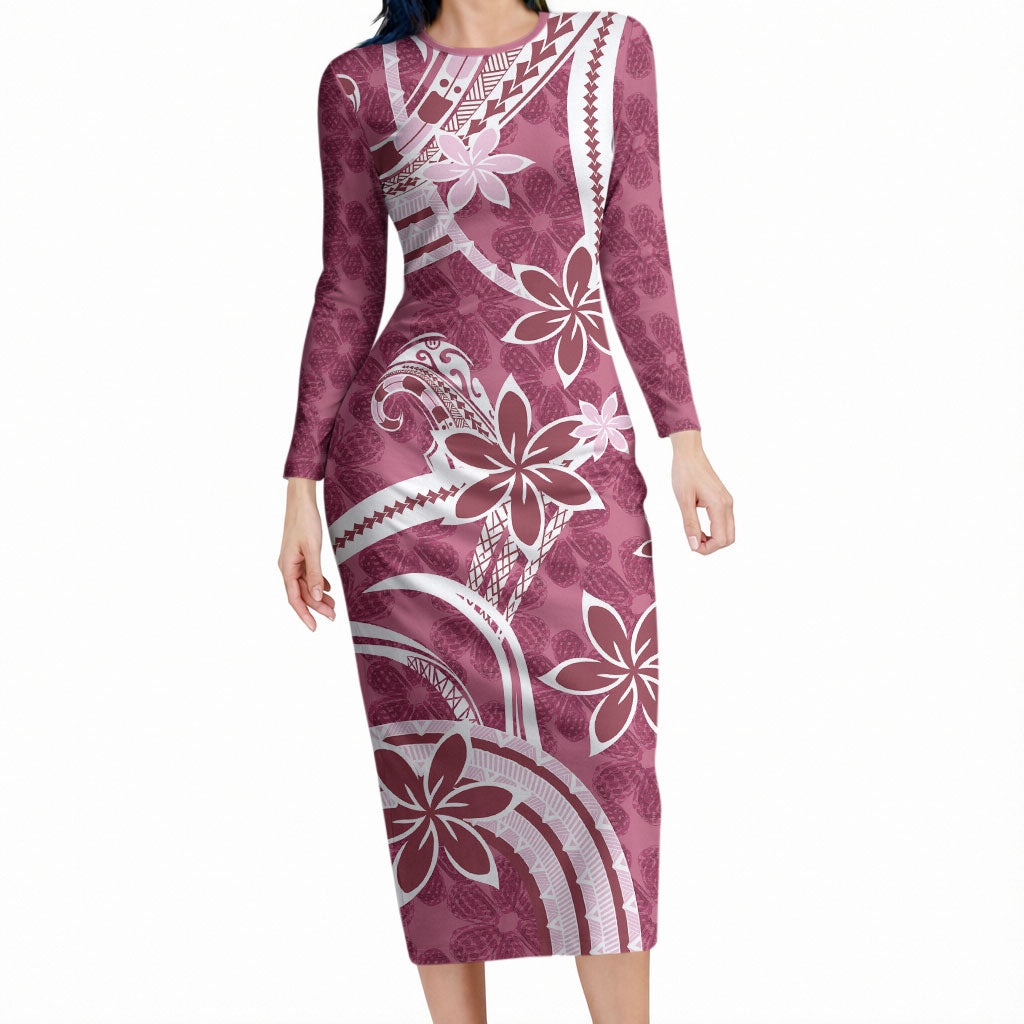 Hawaii Pupuala Plumeria Pink Long Sleeve Bodycon Dress Polynesian Pattern LT01 Long Dress Pink - Polynesian Pride