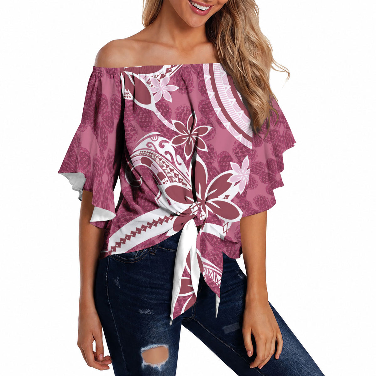Hawaii Pupuala Plumeria Pink Off Shoulder Wrap Waist Top Polynesian Pattern LT01 Pink - Polynesian Pride