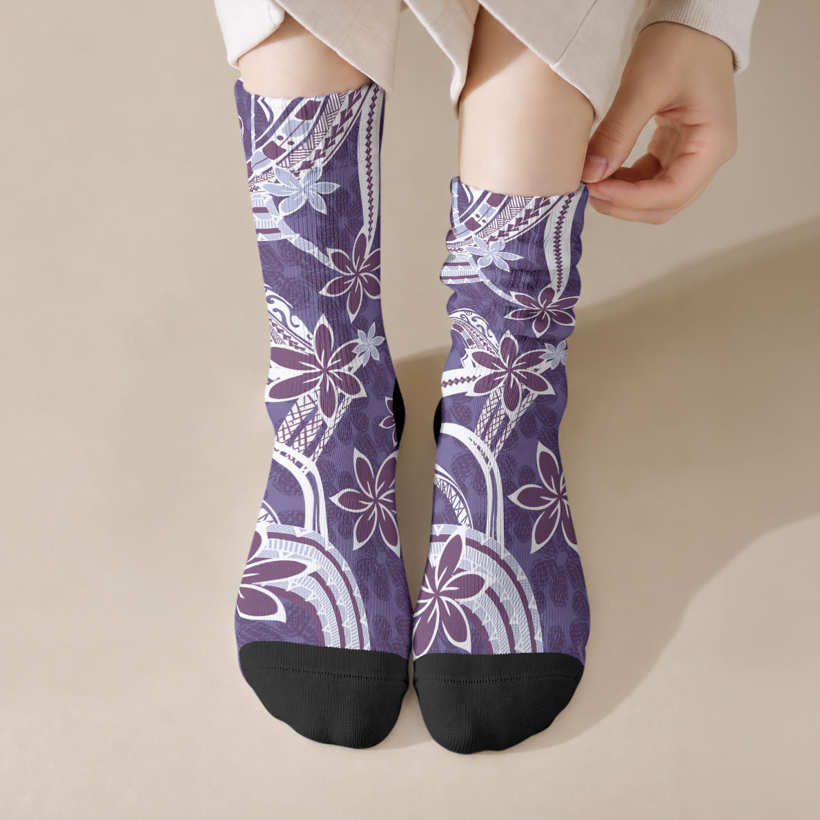 Hawaii Pupuala Plumeria Purple Crew Socks Polynesian Pattern LT01 Crew Socks Purple - Polynesian Pride