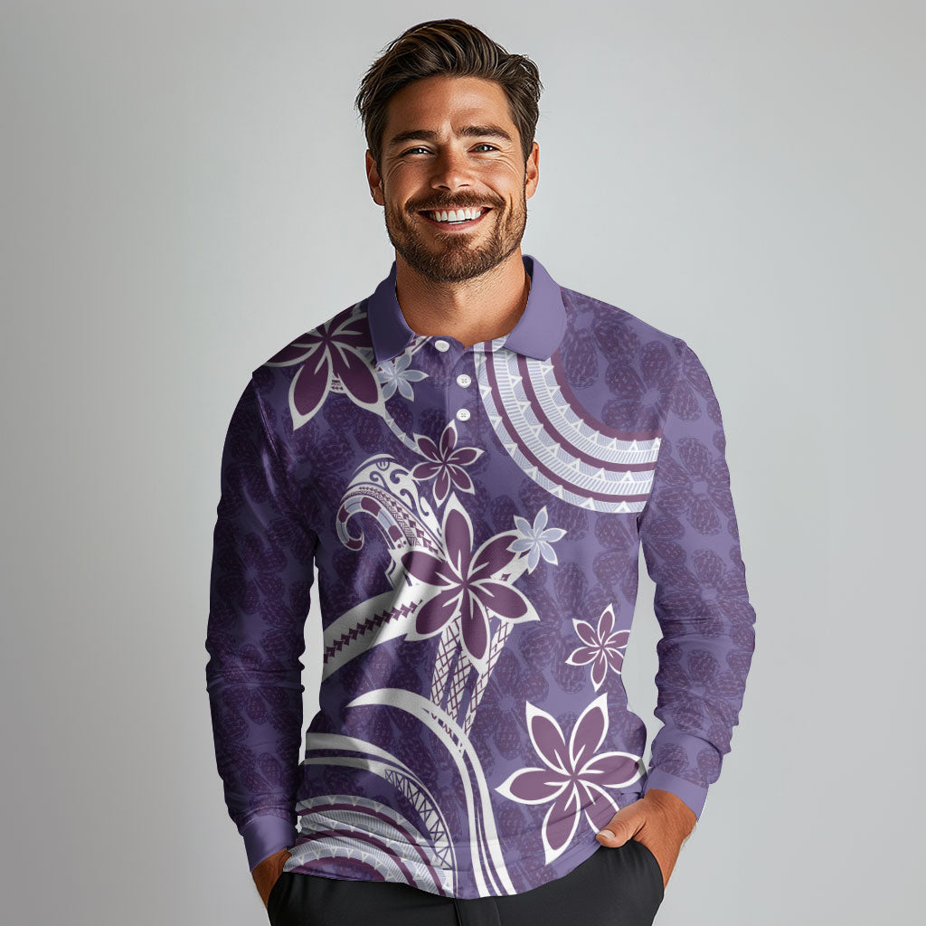 Hawaii Pupuala Plumeria Purple Long Sleeve Polo Shirt Polynesian Pattern LT01 - Polynesian Pride
