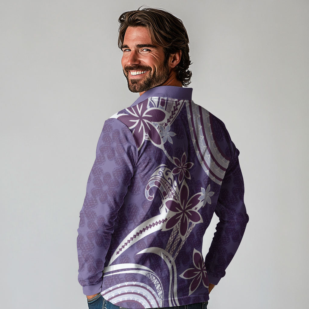 Hawaii Pupuala Plumeria Purple Long Sleeve Polo Shirt Polynesian Pattern LT01 - Polynesian Pride