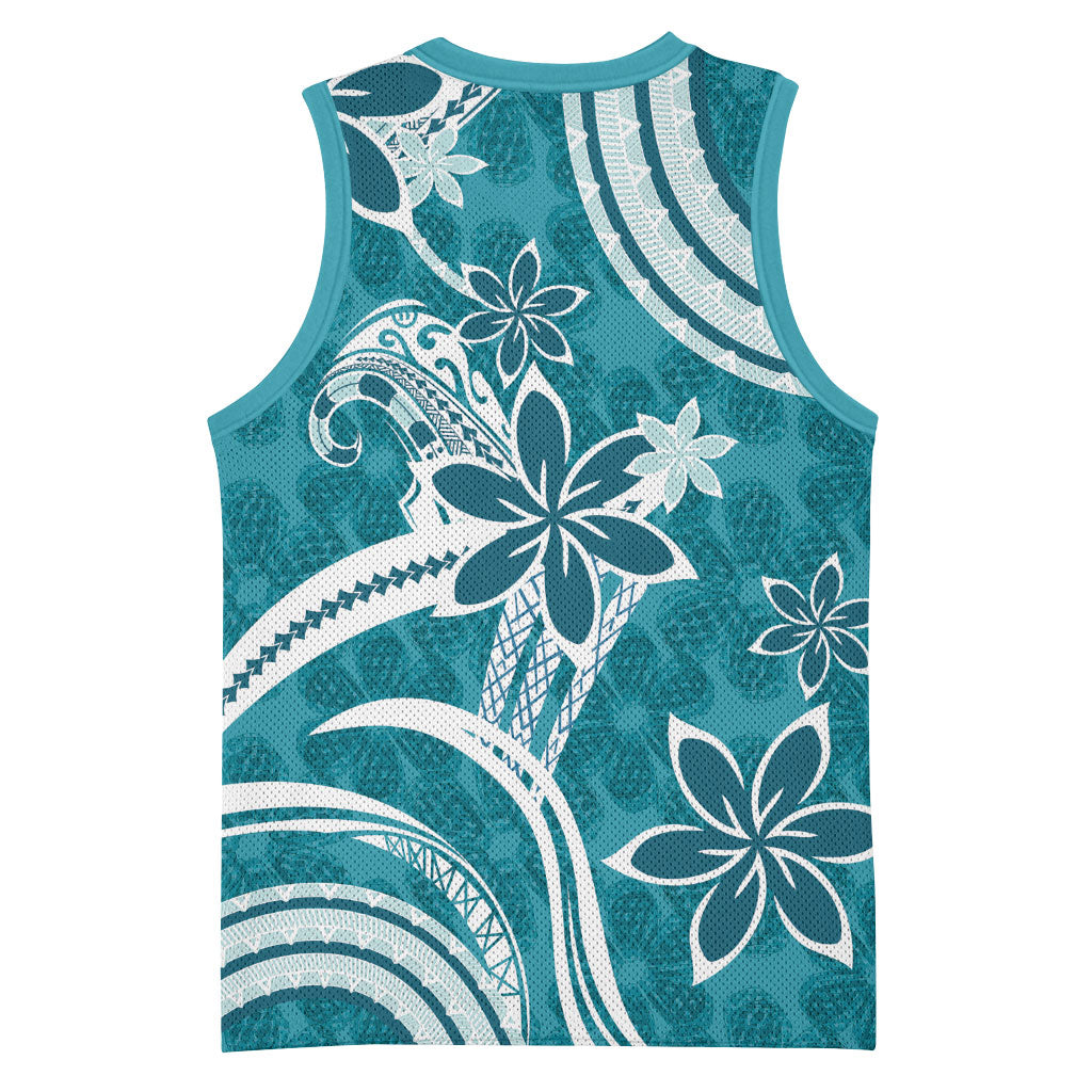 Hawaii Pupuala Plumeria Teal Basketball Jersey Polynesian Pattern LT01 - Polynesian Pride
