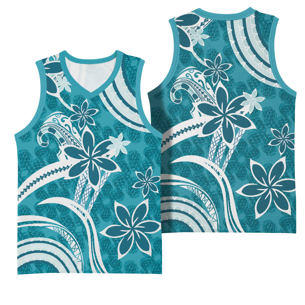 Hawaii Pupuala Plumeria Teal Basketball Jersey Polynesian Pattern LT01 - Polynesian Pride