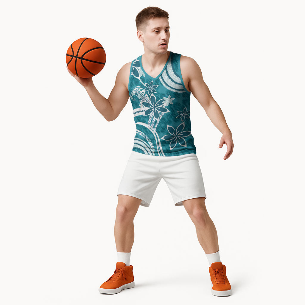 Hawaii Pupuala Plumeria Teal Basketball Jersey Polynesian Pattern LT01 - Polynesian Pride