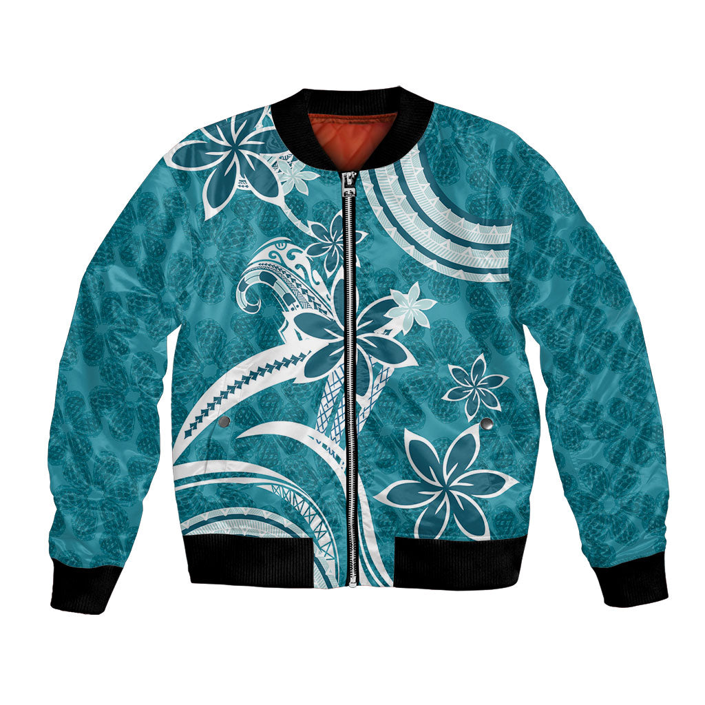 Hawaii Pupuala Plumeria Teal Bomber Jacket Polynesian Pattern LT01 Unisex Teal - Polynesian Pride