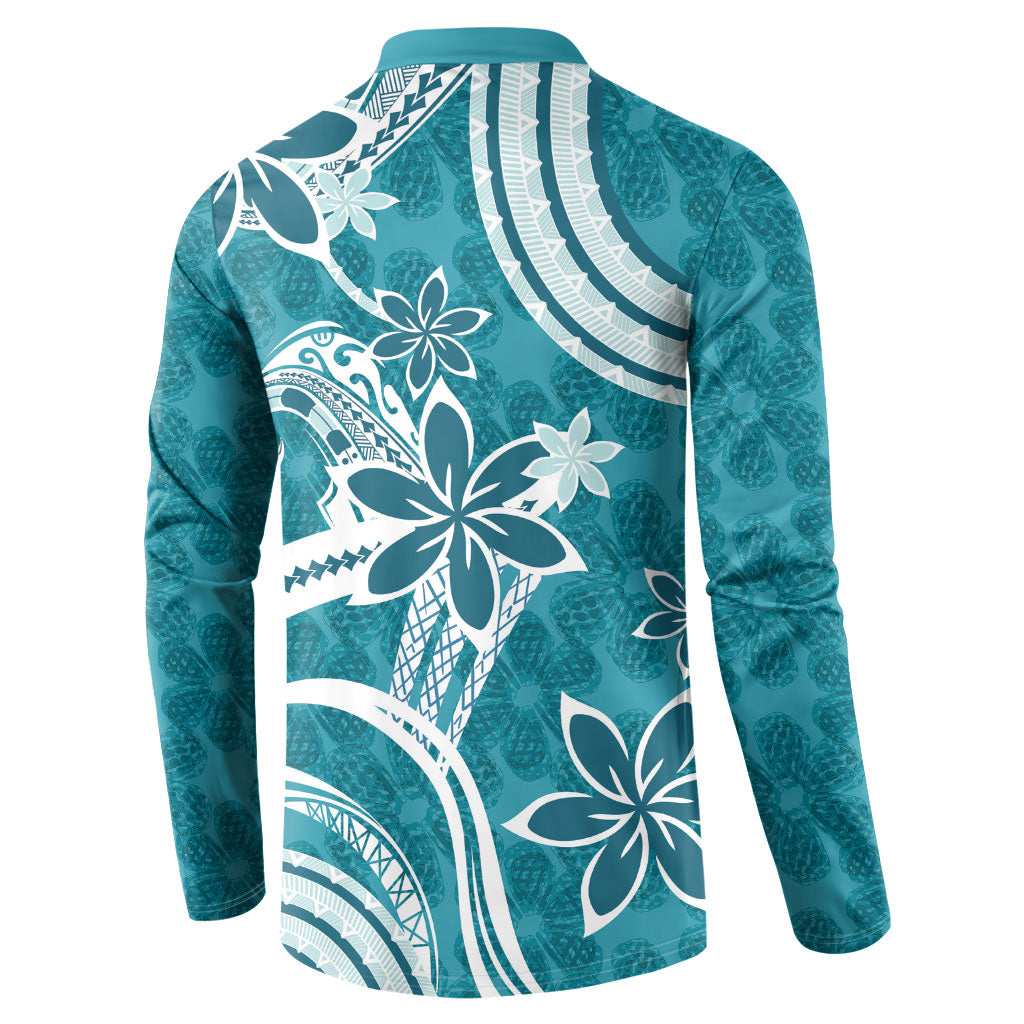 Hawaii Pupuala Plumeria Teal Button Sweatshirt Polynesian Pattern LT01 - Polynesian Pride