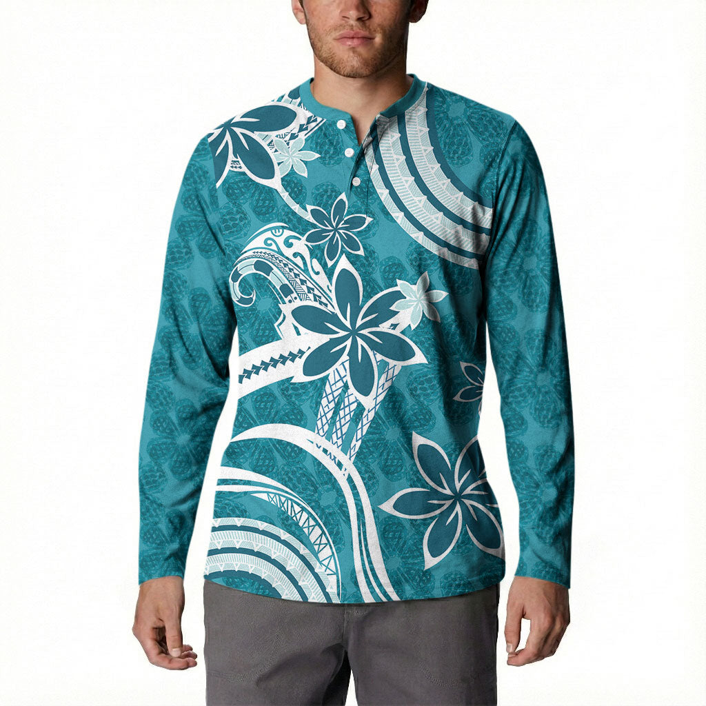 Hawaii Pupuala Plumeria Teal Button Sweatshirt Polynesian Pattern LT01 - Polynesian Pride