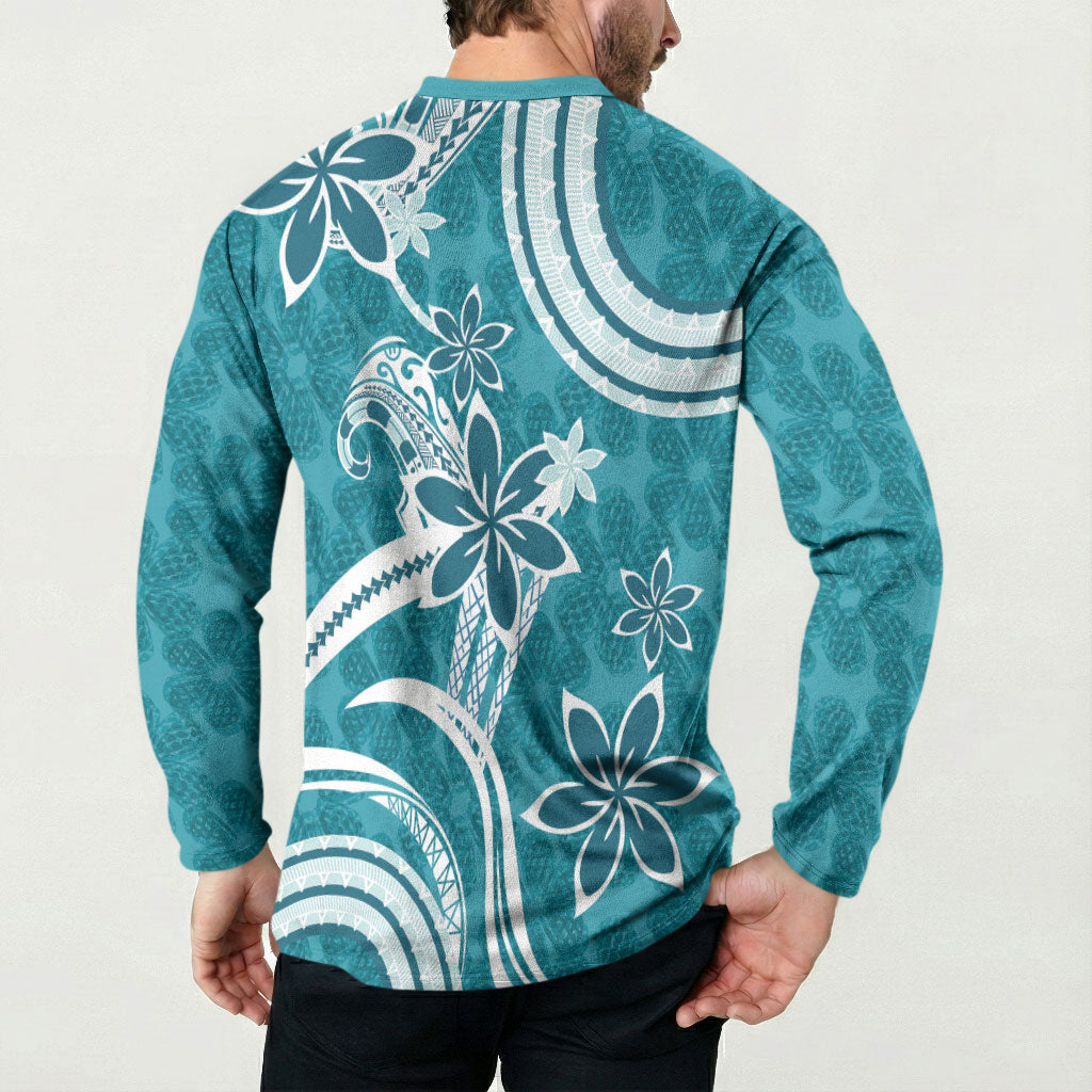 Hawaii Pupuala Plumeria Teal Button Sweatshirt Polynesian Pattern LT01 - Polynesian Pride