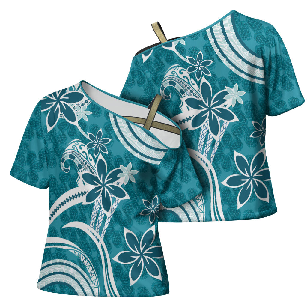 Hawaii Pupuala Plumeria Teal Cross Shoulder Shirt Polynesian Pattern LT01 - Polynesian Pride
