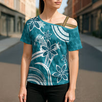 Hawaii Pupuala Plumeria Teal Cross Shoulder Shirt Polynesian Pattern LT01 - Polynesian Pride