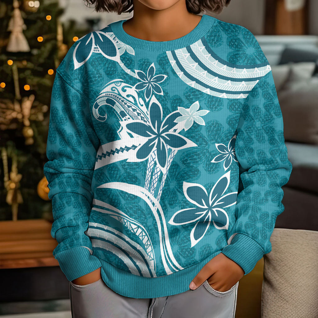 Hawaii Pupuala Plumeria Teal Kid Ugly Christmas Sweater Polynesian Pattern LT01 - Polynesian Pride