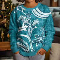 Hawaii Pupuala Plumeria Teal Kid Ugly Christmas Sweater Polynesian Pattern LT01 - Polynesian Pride